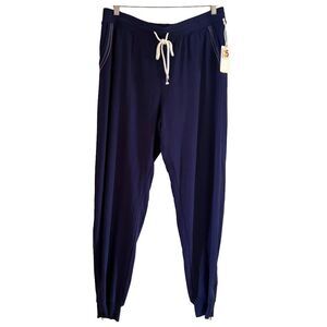 PJ Salvage Womens L Navy Jogger Pajama Pants Embroidered Zip Cuff NWT